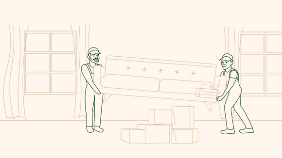 två tecknade personer bär en soffa