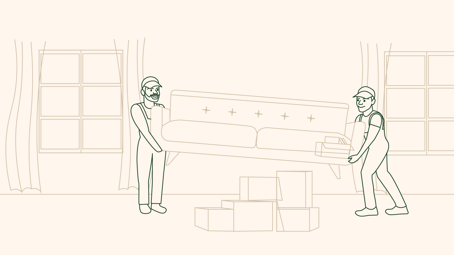 Två tecknade personer lyfter soffa
